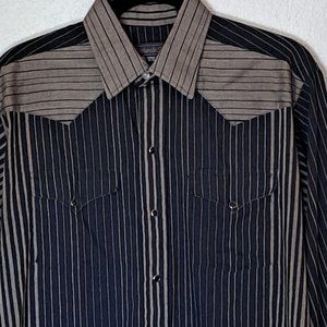 VTG Panhandle Slim Western Pearl Snap Shirt Men's Medium Black Tan Stripe L Slv